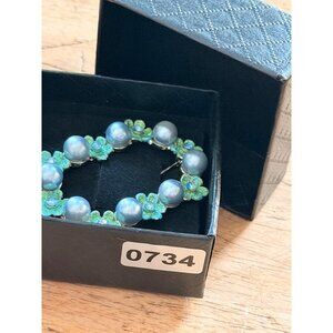 Green Floral & Pearl Oval Brooch Pin With Box